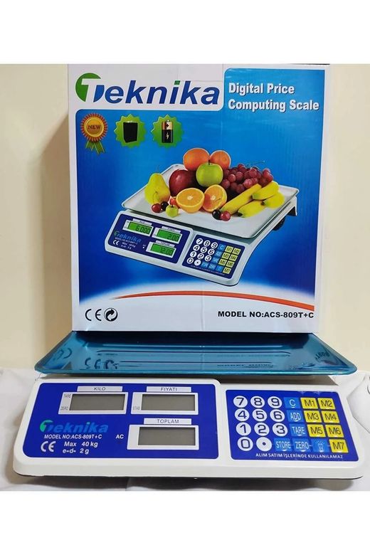 ACS-809T+C Teknika Market Pazarcı Manav Ve Kasap Terazisi 40 Kg Kapasiteli Pilli Ve Şarjlı Dijital Terazi