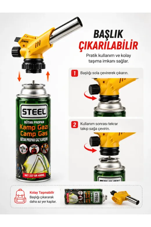 akatsuki 400mm k Steel Kamp Gazı Pürmüz Başlıklı 400 Ml Bütan Propan Gaz Kartuşu