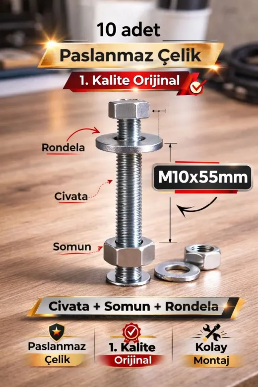 akatsuki M10*55 Paslanmaz Çelik Civata + Somun + Rondela Seti (M10X55Mm) – 10 Adet