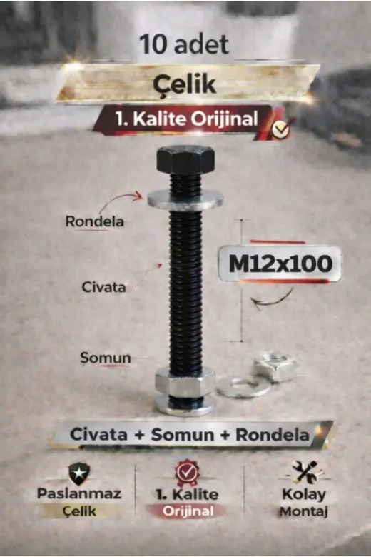 akatsuki M12*1000 Paslanmaz Çelik Civata + Somun + Rondela Seti (M12X100Mm) – 10 Adet