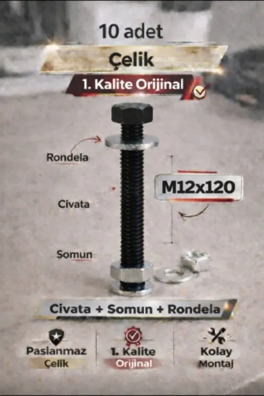 akatsuki M12*120 Paslanmaz Çelik Civata + Somun + Rondela Seti (M12X120Mm) – 10 Adet