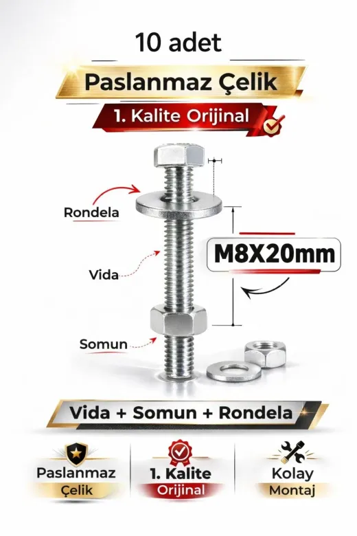 akatsuki Paslanmaz Çelik Civata + Somun + Rondela Seti (M8X20Mm) – 10 Adet