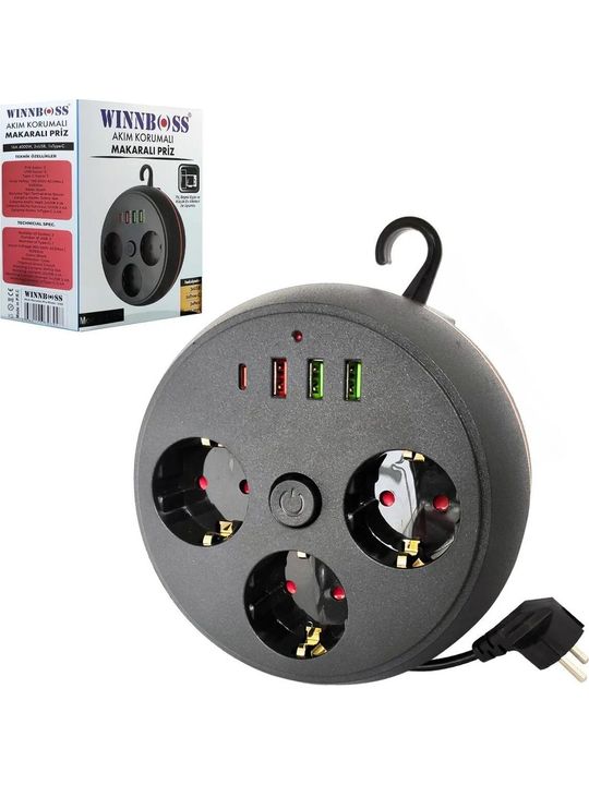 Akım Korumalı Makaralı 2M Kablolu 3 Prizli 3 Usb 1 Type-C Priz
