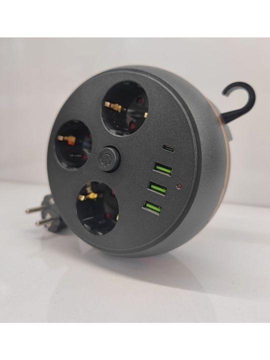 Akım Korumalı Makaralı 2M Kablolu 3 Prizli 3 Usb 1 Type-C Priz