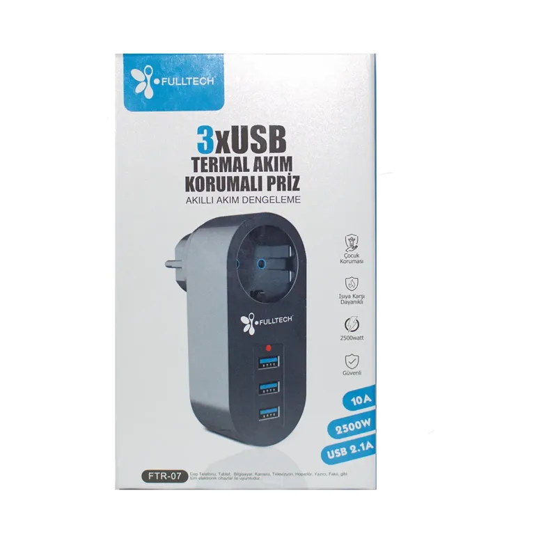 Akım Korumalı Tekli Priz - Akıllı Akım Dengeleme - 3xusb - Isıya Karşı Dayanıklı (4745)