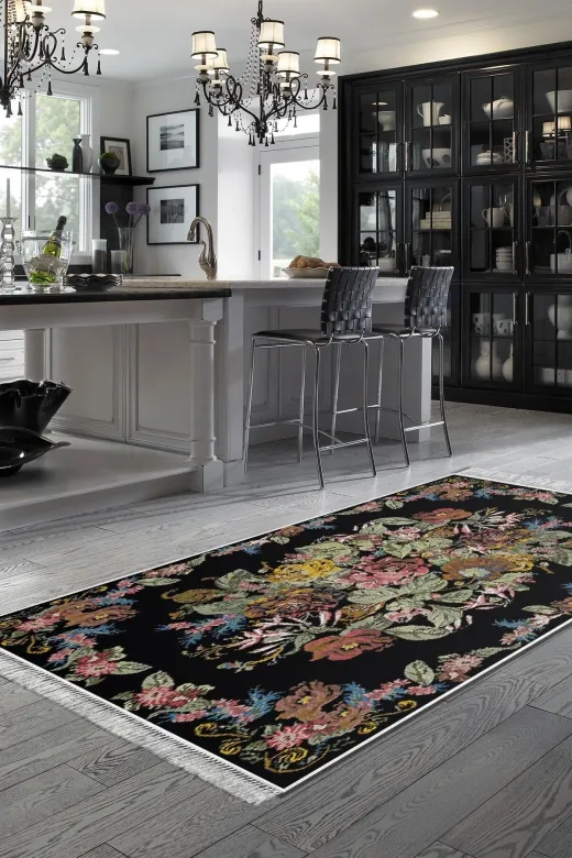 Alanur Home F5022-Trend-Banyo Eko Trend Djt Banyo Paspası Yıkanabilir Kaymaz Taban F5022 Etnik Siyah