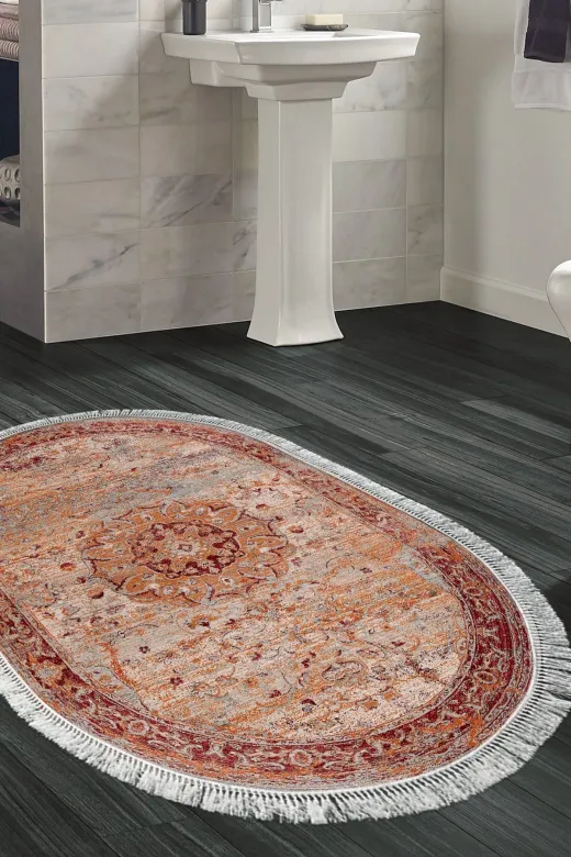 Alanur Home P1356-Trend-Banyo-Oval Eko Trend Djt Banyo Paspası Yıkanabilir Kaymaz Taban P1356 Oval Vintage Kırmızı