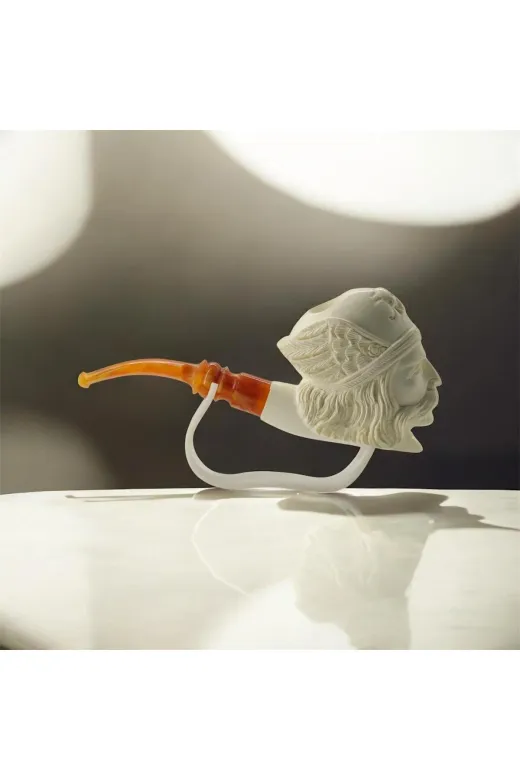 Altınışık Lületaşı dop19326705igo El Oyması Lületaşı Pipo – Savaşçı Başı Figürlü, Amber Ağızlık, Özel Kılıf, 15,5 Cm