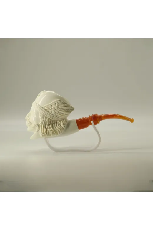 Altınışık Lületaşı dop19326705igo El Oyması Lületaşı Pipo – Savaşçı Başı Figürlü, Amber Ağızlık, Özel Kılıf, 15,5 Cm
