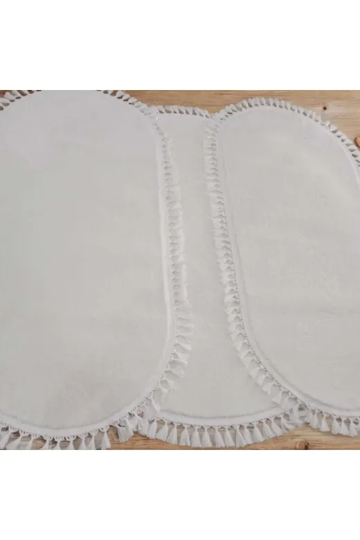 ALTUN CARPET dsfderftgyhj 3Lü Set Kırem Pelüş Halı Post Halı Moden Ponpon Saçaklı Kaymaz Taban 1 Adet 200X200+2 Adet 100X200