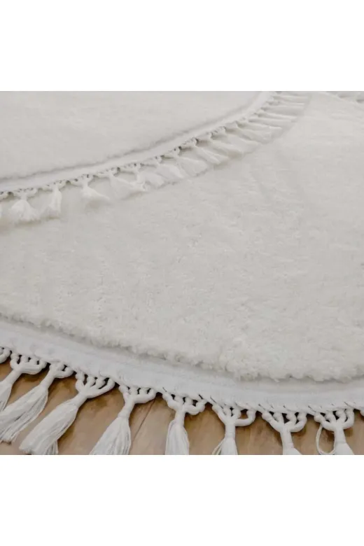 ALTUN CARPET dsfderftgyhj 3Lü Set Kırem Pelüş Halı Post Halı Moden Ponpon Saçaklı Kaymaz Taban 1 Adet 200X200+2 Adet 100X200