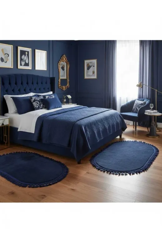 ALTUN CARPET FGDFHJTGYUJ Lacivert Renk Ponpon Saçaklı Plüş Halı 3 Takım Halınde 1 Adet 120X300 + 2 Adet 120X150