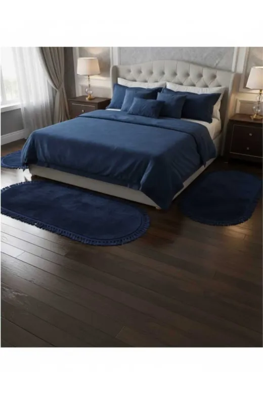 ALTUN CARPET GFXDNFJGH Lacivert Renk Ponpon Saçaklı Plüş Halı 3 Takım Halınde 1 Adet 100 X 300 + 2 Adet 100 X 150