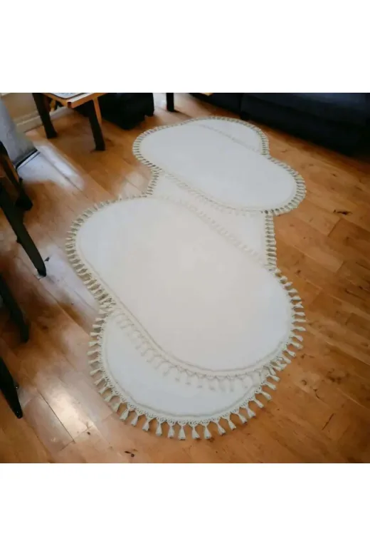 ALTUN CARPET yatak setitjrhf6u7 3Lü 100Cm Karbeyaz Modernpostpelüşkaymazponponsaçaklı Yatak Odası Takımı2Adet 100*150/1 Adet100*300