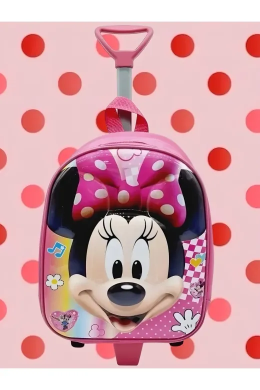 Anaokulu Minnie Mouse Kabartma Baskılı Çekçekli Tekerli Seyahat Valizi Okul Çantası
