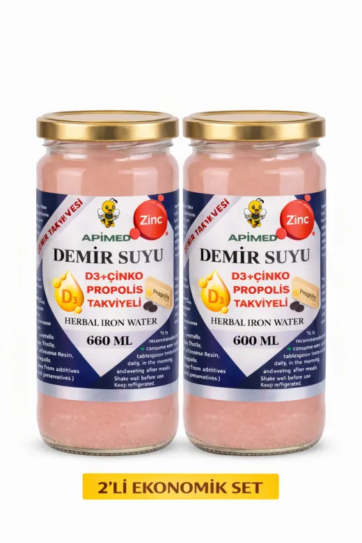 APİMED bcbcv34534 Demir Suyu 500Ml X 2Adet - Bitkisel Demir Desteği Vitamin D3 + Çinko + Propolis Takviyeli Set