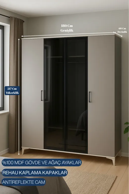 arionkids ARION-DNZ-4-02 Deniz 4 Kapaklı Çekmeceli Mdf Dolap | Rehau Kaplama Kapaklar | Ağaç Ayaklar | Antireflekte Camlar
