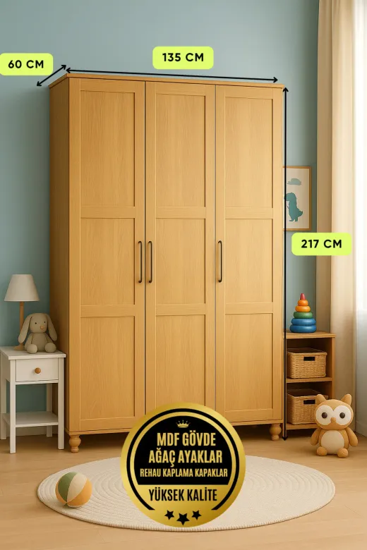arionkids ARIONDLP187 Alin Wood 3 Kapaklı Dolap | %100 Mdf | Rehau Kaplama Kapaklı | Ağaç Ayaklı | Yüksek Kaliteli