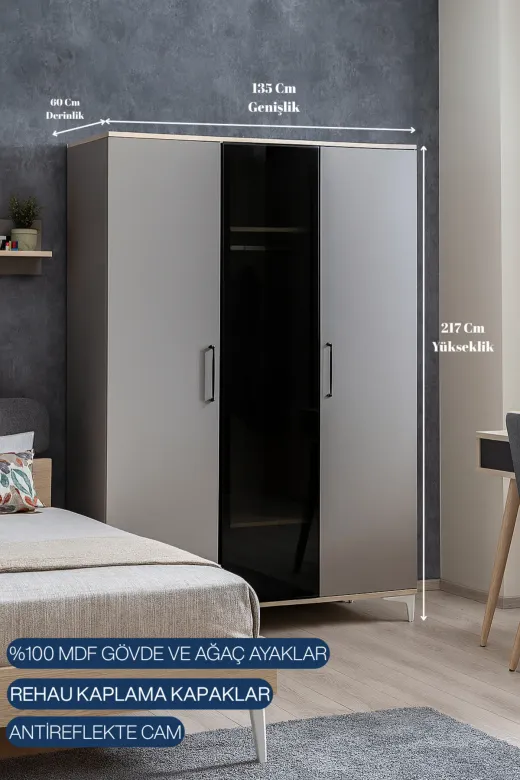 arionkids ARIONDLP60 Deniz 3 Kapaklı Dolap | %100 Mdf | Rehau Kapaklı | Ağaç Ayaklı