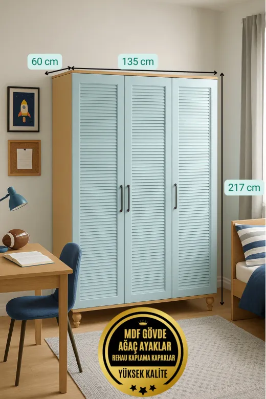 arionkids ARIONDLP79 Mavi Dolap 3 Kapaklı-Çekmeceli | %100 Mdf | Rehau Kapaklı | Çekmeceli | Ağaç Ayaklı