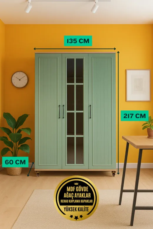 arionkids TYC3D8C2FE876A4E2A74EDB00 Gülsün 3 Kapaklı Çekmeceli Mdf Dolap | Ağaç Ayaklar | Rehau Kaplama Kapaklar | Anti Reflekte Camlar