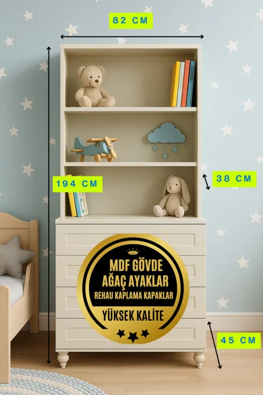 arionkids TYC46F3653DAABCE78F22D700 Alin Çekmeceli Şifonyer & Kitaplık Set | Mdf Gövde | Ağaç Ayaklı