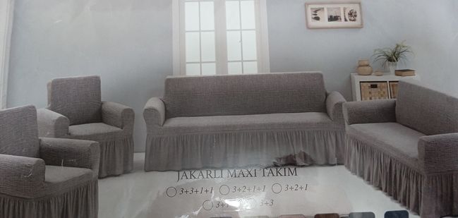Arlisa jakarlı Kare Cizgili Etekli Maksi Koltuk Örtüsü 3+3+1+1 Antrasit