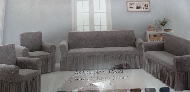 Arlisa jakarlı Kare Cizgili Etekli Maksi Koltuk Örtüsü 3+3+1+1 Naturel