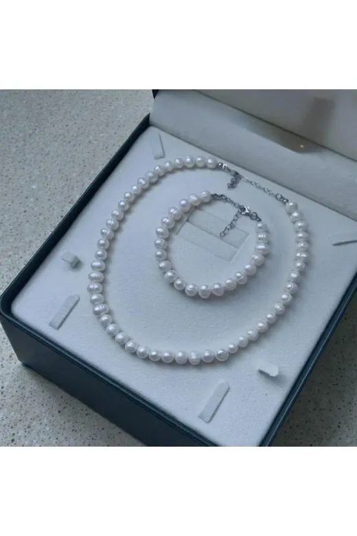 ART LİFE DOĞALTAŞ Natural Stones 548489454865 50Cm - Sertifikalı 925 Ayar Gümüş Doğal 8Mm İnci Kolye Bileklik Set
