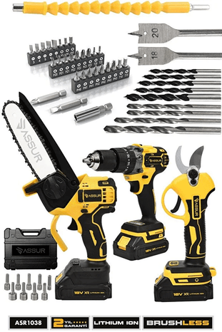 ASR1038 Assur Xr Lı-Ion Batarya 3 Lü Set Kömürsüz Motor Çift Akülü Şarjlı Matkap Şarjlı Budama Makası Şarjlı