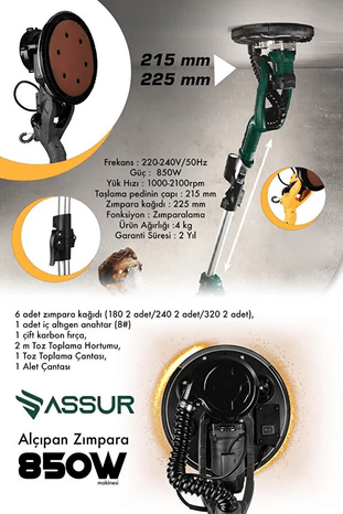 ASR416 Assur 360 Ledli 850W Pro Alçıpan Duvar Zımpara Makinası Toz Emmeli