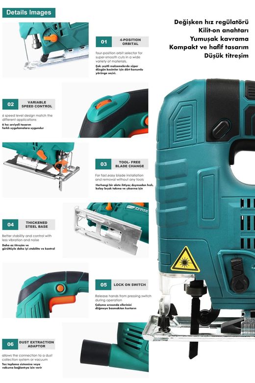 Assur Asr805 Bakır Sargılı 800W  Devir Ayarlı Dekupaj Bıçkı Testere Makinası Mavi
