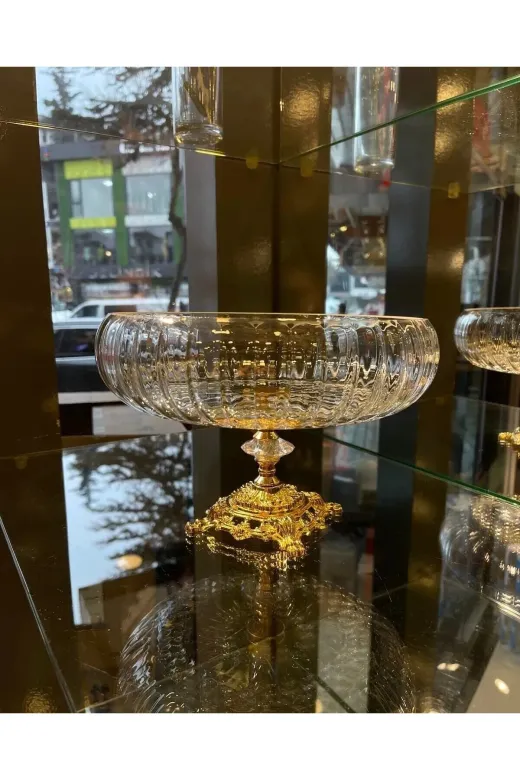 atabey home collection Kesmegold Lotus Kristal 24 Cm Kesme Dekor Gold Döküm Ayak Salata Kasesi Cam Sunumluk & Salata Kase