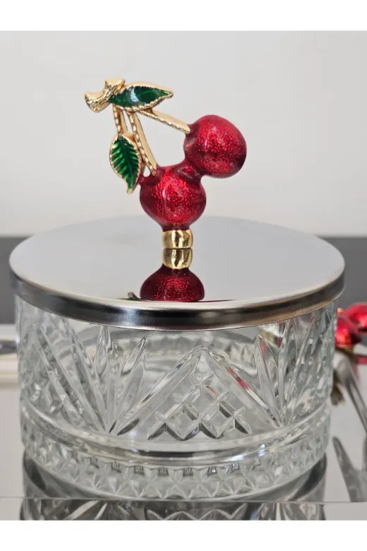 atabey home collection TEPSİLİSET 3'lü Kirazli Gümüş Tepsili Kase Seti & Şekerlik & Sunumluk & Çerezlik