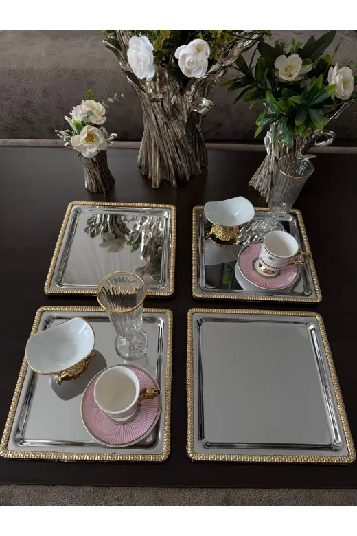 atabey home collection TYC2931DE6E1AC53F1 6 Adet Kahve & Çay & Sunum Tepsisi Gümüş Tepsi Döküm Gold Çerçeveli