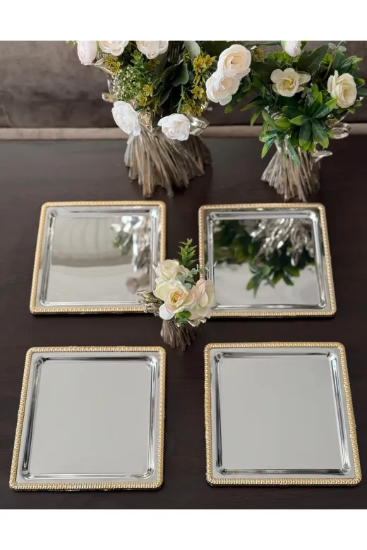 atabey home collection TYC2931DE6E1AC53F1 6 Adet Kahve & Çay & Sunum Tepsisi Gümüş Tepsi Döküm Gold Çerçeveli