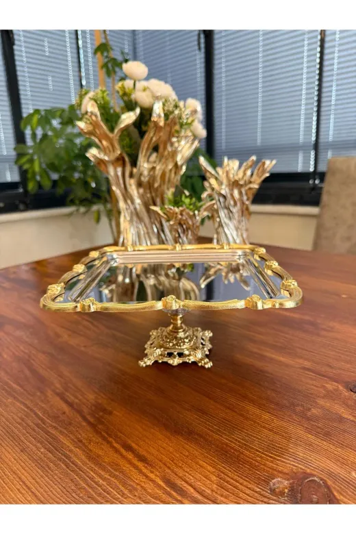 atabey home collection TYC2931DE6E1AC53F1 6 Adet Kare Ayaklı Gümüş Sunum Tepsisi Gold Gül Çerçeveli & Kahve & Pasta/börek Servis 21 Cm
