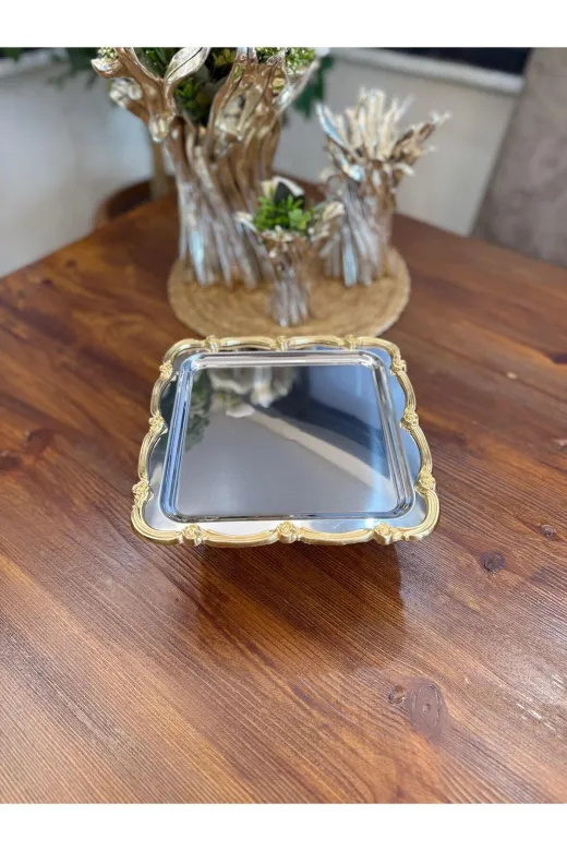 atabey home collection TYC2931DE6E1AC53F1 6 Adet Kare Ayaklı Gümüş Sunum Tepsisi Gold Gül Çerçeveli & Kahve & Pasta/börek Servis 21 Cm