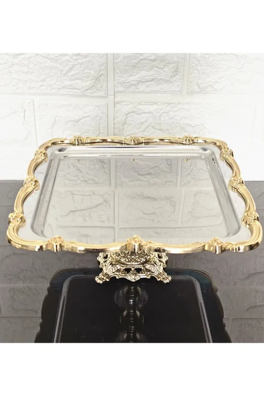 atabey home collection TYC2931DE6E1AC53F1 6 Adet Kare Ayaklı Gümüş Sunum Tepsisi Gold Gül Çerçeveli & Kahve & Pasta/börek Servis 21 Cm