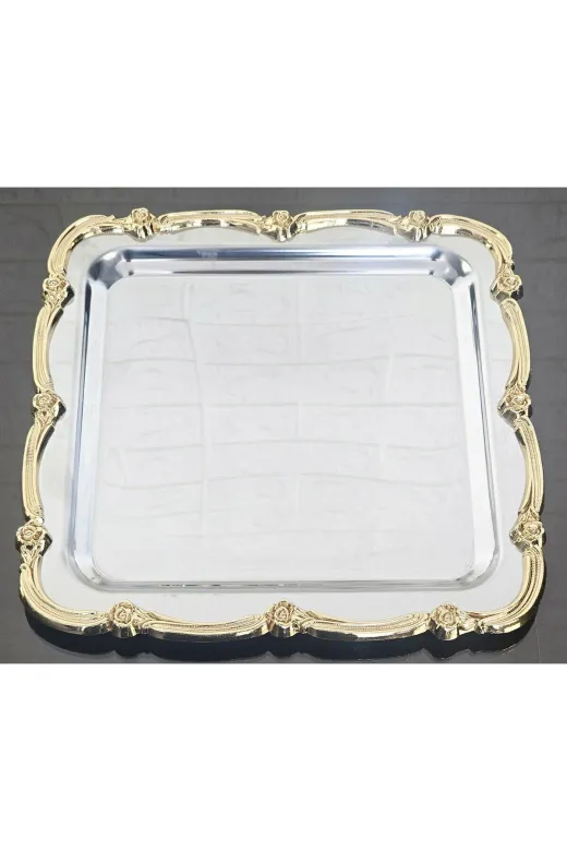 atabey home collection TYC2931DE6E1AC53F1 6 Adet Sunum Tepsisi Gül Çerçeve Gold Şerit-Gümüş Tepsi