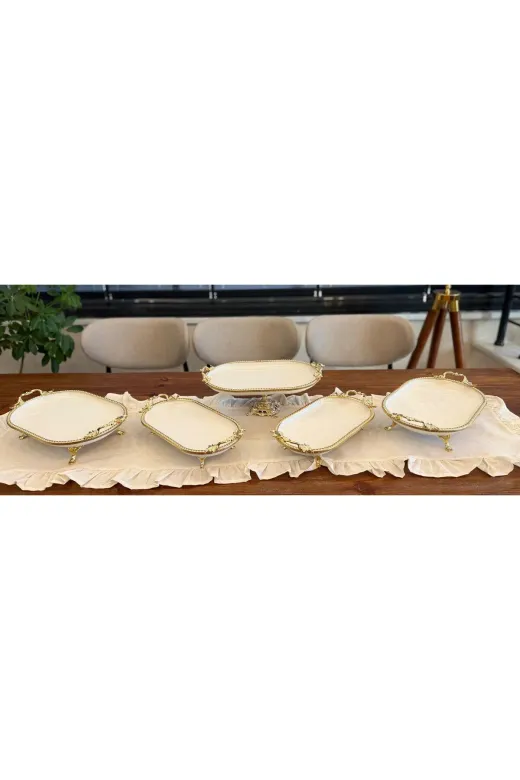 atabey home PORSELEN5PARÇAKAYIKSET 5 Parça Oval Porselen Çeyiz Seti Döküm Çerçeveli-Ayakli-Kulplu & Sunum Seti Gold & Sunum Kayik