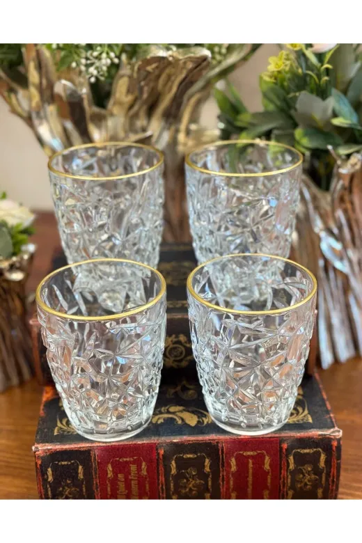 atabey home RYNBARDAKLAR 4 Adet Kristalize Model Meşrubat & Su Bardaği-Gold Detayli 300 Ml 10 Cm