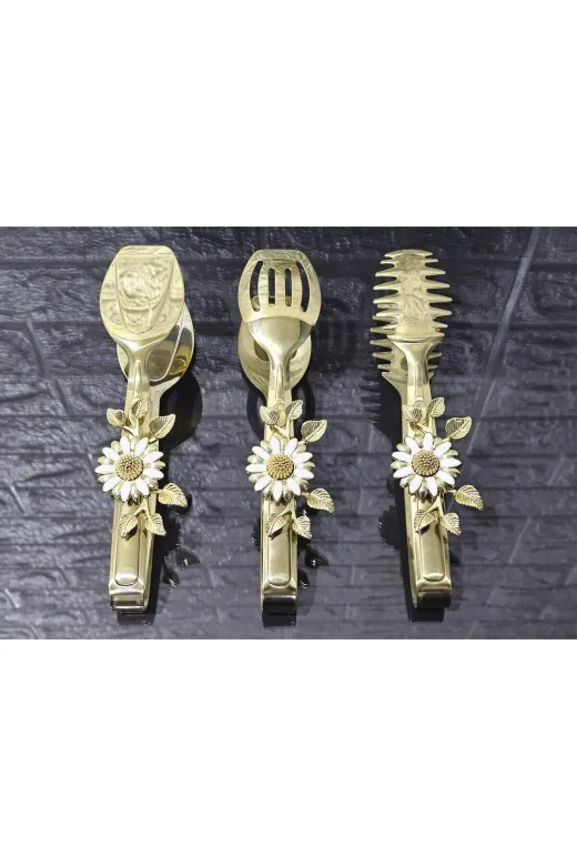 atabey home TYCL8B34MN170125353660002 Gold Servis Maşa Seti 3'lü Beyaz Papatya Makarna/pasta/yemek/sunum Maşası Titanyum