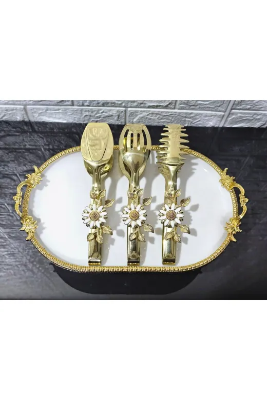 atabey home TYCL8B34MN170125353660002 Gold Servis Maşa Seti 3'lü Beyaz Papatya Makarna/pasta/yemek/sunum Maşası Titanyum