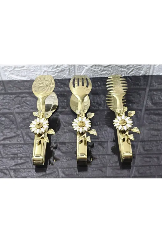 atabey home TYCL8B34MN170125353660002 Gold Servis Maşa Seti 3'lü Beyaz Papatya Makarna/pasta/yemek/sunum Maşası Titanyum
