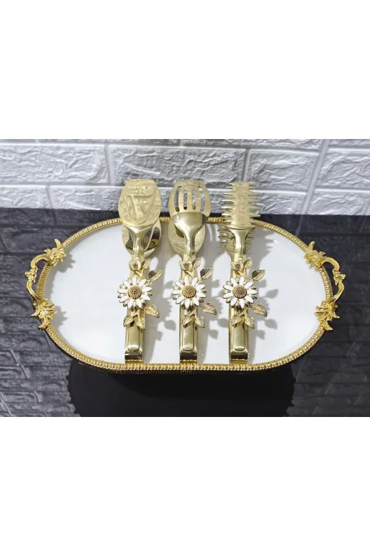 atabey home TYCL8B34MN170125353660002 Gold Servis Maşa Seti 3'lü Beyaz Papatya Makarna/pasta/yemek/sunum Maşası Titanyum