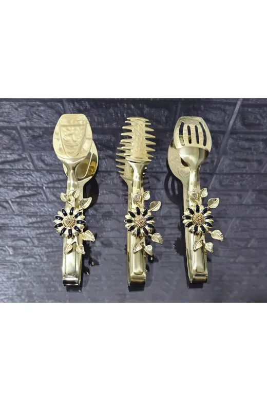 atabey home TYCL8B34MN170125353660002 Gold Servis Maşa Seti 3'lü Siyah Papaty Makarna/pasta/yemek/sunum Maşası Titanyum