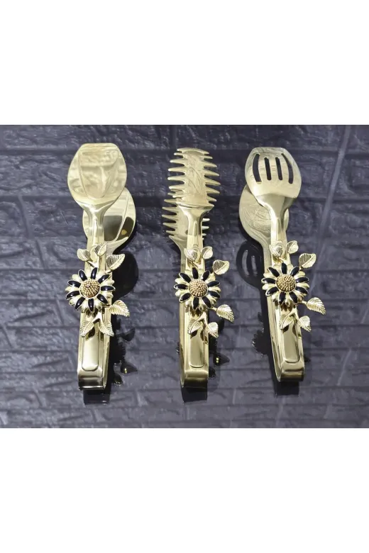 atabey home TYCL8B34MN170125353660002 Gold Servis Maşa Seti 3'lü Siyah Papaty Makarna/pasta/yemek/sunum Maşası Titanyum