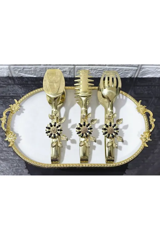 atabey home TYCL8B34MN170125353660002 Gold Servis Maşa Seti 3'lü Siyah Papaty Makarna/pasta/yemek/sunum Maşası Titanyum