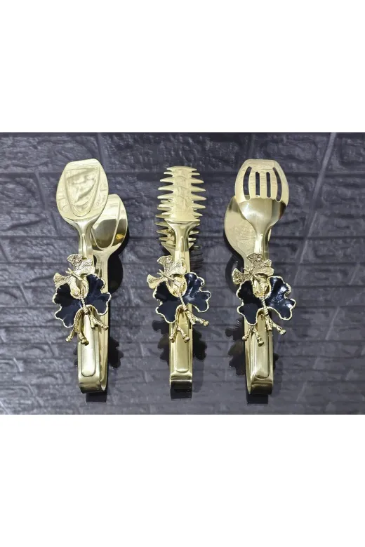 atabey home TYCL8B34MN170125353660002 Gold Servis Maşa Seti 3'lü Siyah Kelebek/makarna/pasta/yemek/sunum Maşası Titanyum